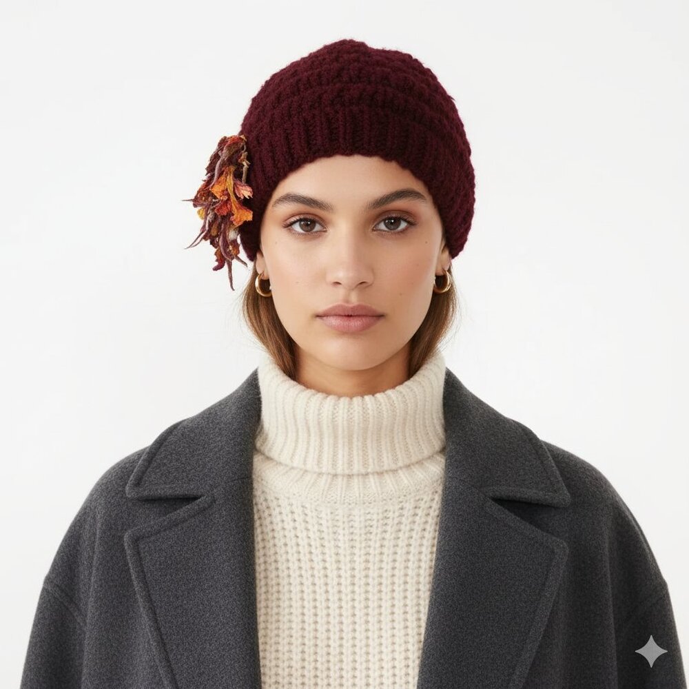 *Woven Boucle Knit Maroon Toque